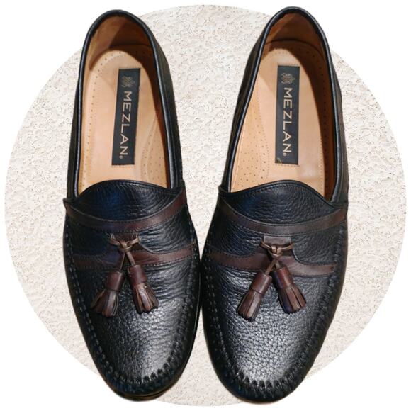 Mezlan Italian Hand Made Leather Tassel Loafers Mens size 8 M Black - Picture 1 of 7